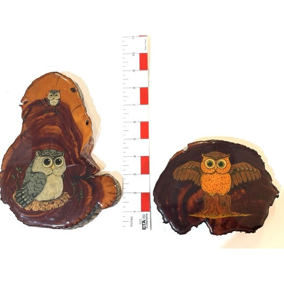 Set of 3 Owl Wall Plaques Wood Slab Art Bird Retro 1970s Whimsical Cottage core - Picture 11 of 13